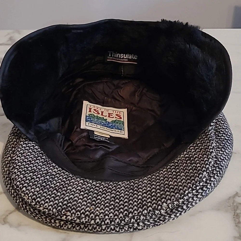 Lake Of The Isles Wool Newsboy Slim Hat Fur Earflaps Mens M Snap Brim Black Gray